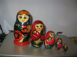 Set Of Five Russian Nesting Dolls Bright And Colorful Signed 1996