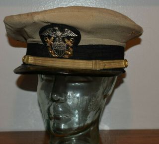 Wwii Usn Us Navy Officer Khaki Visor Cap Hat W/ Insignia