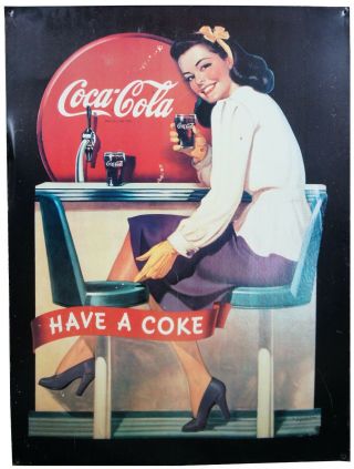 1991 Coca Cola " Have A Coke " Tin Sign Girl Woman At Soda Counter 29 "