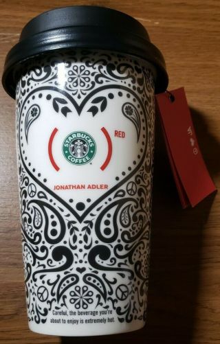 Starbucks 2010 Jonathan Adler (red) Heart Coffee Travel Mug 12 Oz Ceramic