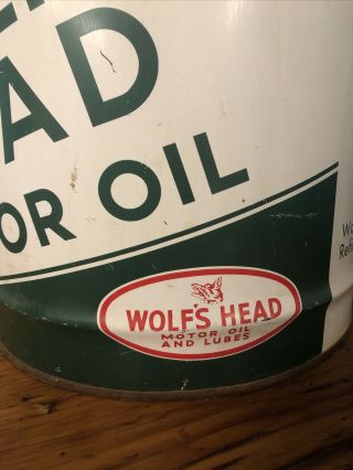 Vintage 5 Gallon Wolf ' s Head Motor Oil Can w/Bale Handle 2