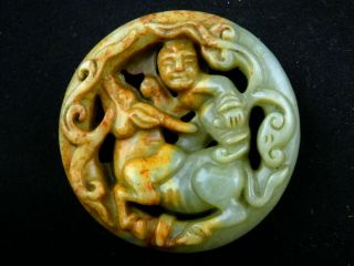 Exquisite Chinese Jade Hand Carved Boy On Buffalo Pendant U101