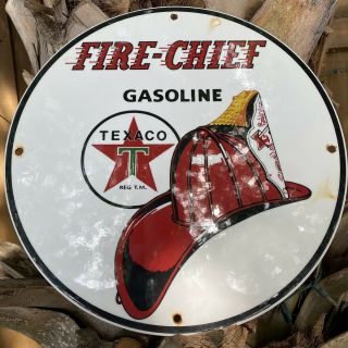 Vintage Texaco Gasoline Fire Chief Porcelain Metal Sign Usa Oil Gas Pump Plate