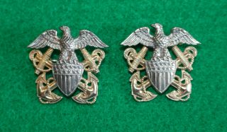 (2) Wwii Usn Us Navy H - H Sterling Silver 1/20 10k Officer Insignia Pins