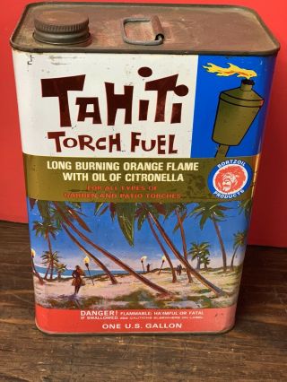 Vintage Aloha Mid Century Modern Litho Tiki Torch Fuel Can Hawaiian Beach Sign
