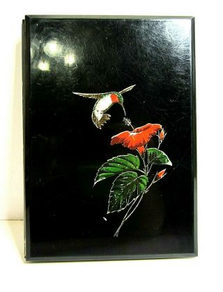 Vintage Black Lacquer Desk Set Otagiri Japan Hummingbird Pen Notepad Lacquerware