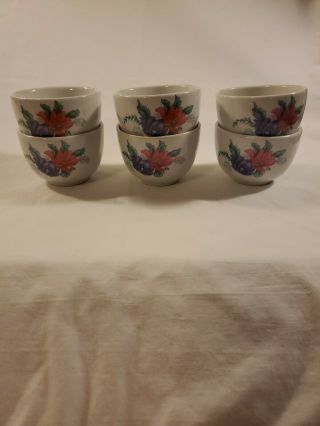 6 Porcelain Tea Cups Set With Pink Purple Flowers & White Base