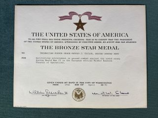 Wwii United States Of America Bronze Star Medal Certificate Us Army