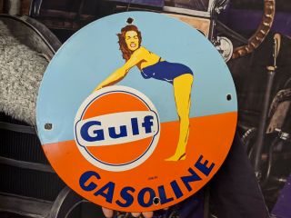 Vintage Old Dated 1953 Gulf Gasoline Porcelain Gas Station Ad Sign " Orange Disc "