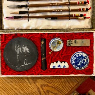 Vintage Chinese Ink Calligraphy Set With Brushes & Case Stone Pallet