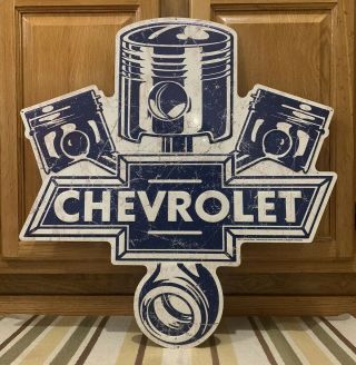 Chevrolet Metal Sign Pistons Garage Vintage Style Chevy Wall Decor Tools Shop
