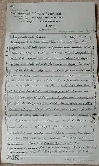 Two German Prisoner of War letters 1944 / 1945 from POW Camp in Nebraska 3