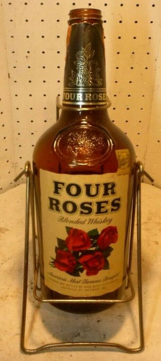 Vintage Four Roses Whiskey Bottle & Applied Paper Label Pre Pro With Stand