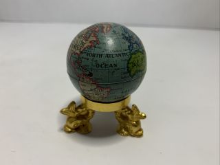 Vintage Tin Litho Metal Globe Pencil Sharpener.  1.  5 " On Gold - Color Tripod Stand