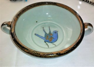 Ken Edwards Ke Tonala Mexico Stoneware Handpainted Bowl Dish Blue Bird Happiness