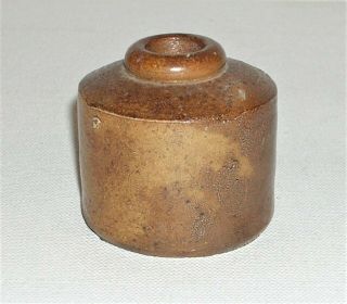 Antique Brown Stoneware Ink Bottle,  Jar,  1 7/8 " Tall & Diameter,  Vintage Inkwell