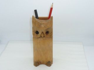 Vintage Black Forest Owl Pencil Box Pen Holder Glass Eyes Treen Desk Top Tidy