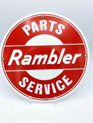 Vintage " Rambler Parts And Service " 12 " Porcelain Metal Car,  Gasoline & Oil Sign