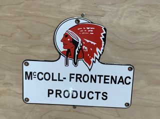 Red Indian Mccoll Frontenac Products Die Cut Heavy Porcelain Oil Gas Sign