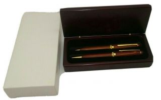 Fountain Pen & Mechanical Pencil Wood Grain Vintage Set In Wooden Case Gift Mib