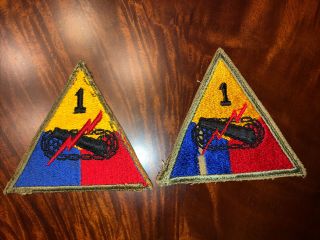 2 Wwii Us Army 1st Armored Div Patches - Green Edge Factory Errors