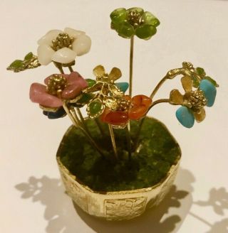 Vintage Chinese Gemstone Flowers 2 3/4 " Tall Handmade In Gold - Colored Pot