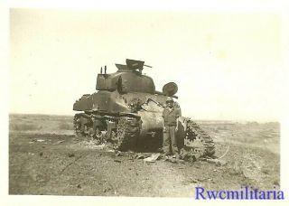 TOTAL LOSS US Soldier Posed in Field w/ Burnt Out KO ' d M4 Sherman Tank 2