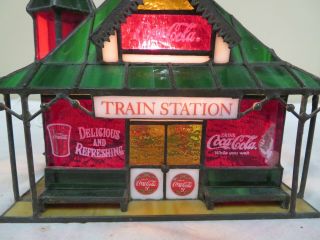 The Coca Cola Stained Glass TRAIN STATION Franklin 1997 w/ Light 2