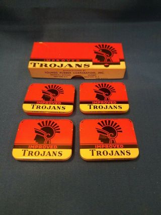 Vtg Improved Trojans Prophylactic 4 Tins,  Orig.  Box Youngs Rubber Co 1937