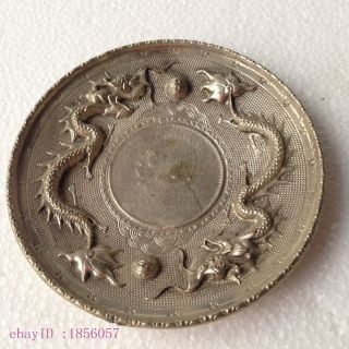 Collectible Decorate Old Tibet Silver China Double Dragon Ball Coin Plate B