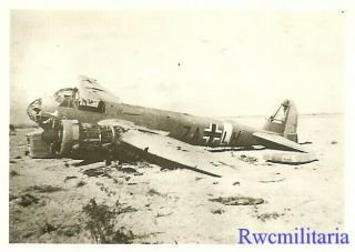 Org.  Photo: Shot Down Luftwaffe Ju - 88 Bomber (7a,  Lh) In Desert; North Africa