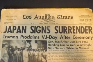 World War Ii Newspaper.  Japan Surrenders September 2 1945.  Los Angeles Times