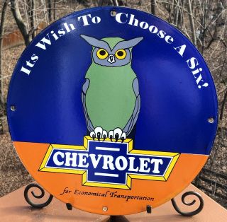 Vintage Chevrolet Porcelain Gas Trucks Dealership Service Station Sales Sign Owl
