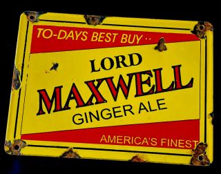 Vintage 1950’s Lord Maxwell Ginger Ale 14” Porcelain Sign Truck Oil Gas Soda Pop