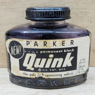 Vintage Parker Quink Bottle Ink - Permanent Black 2 Oz.  Bottle 3/4 Full Usa Made