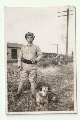 Wwii Imperial Japanese Army Ija Soldier Winter Cap Dog Photo