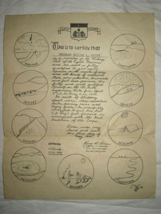 1941 Ww2 Usmc Spoof Certificate " Hiking Club " 2nd Bn 8th Marines Liversedge