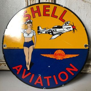 Vintage Porcelain Shell Aviation Gasoline Oil Pump Plate Gas Sign