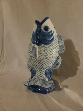 Chinese Blue And White Porcelain Koi Fish Vase 9 "