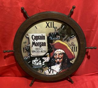 Vintage Captain Morgan Spiced Rum Clock Wall Sign Ships Wheel Wood Helm