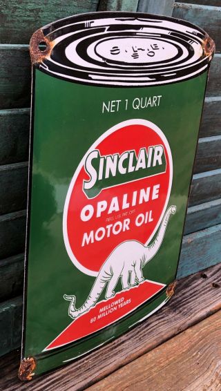 VINTAGE SINCLAIR OPALINE OIL CAN GASOLINE / MOTOR OIL PORCELAIN GAS PUMP SIGN 2