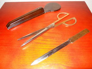 Vintage Marked Italy Office Desk Set Scissors & Letter Opener W/ Leather Holder