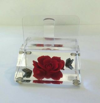 Vintage Bircraft Lucite Acrylic Red Rose Business Card/picture Holder