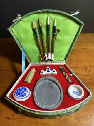 Vintage Chinese Ink Calligraphy Set With Brushes & Case Stone Pallet