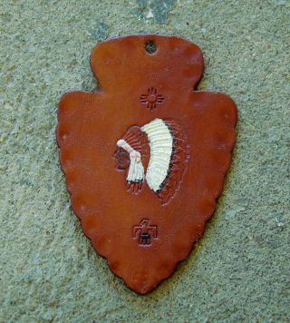 Leather Arrowhead - Shaped Pendant Or Ornament,  With Chief In Head Dress