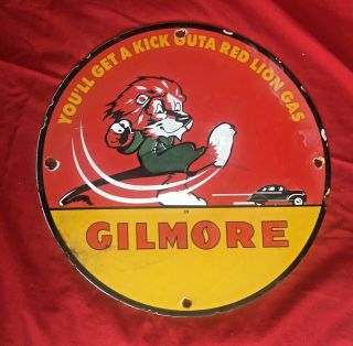 Old Dated 1939 Gilmore The Red Lion Gasoline Porcelain Pump Ad Sign 11.  75 "