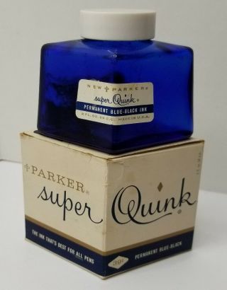 Vintage Parker Ink Bottle Orig Colbalt Glass With Label & Box Empty For Display