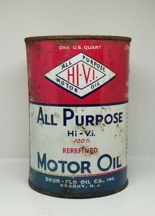 1930s Hi - Vi All Purpose 100 Rerefined One Quart Motor Oil Tin Can Kearny N J