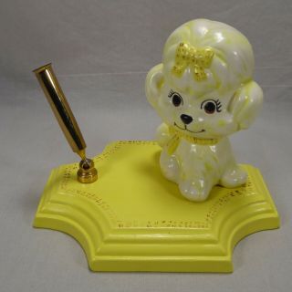 Vintage Hand - Painted Ceramic White Poodle Dog Yellow Desk Top Pen Pencil Holder