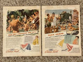 1943 & 1944 Wwii U.  S.  Army Tank Military War Bathing Risqué Cannon Towels Ads